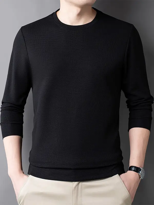 Men's Black Long Sleeve T-Shirt Round Neck Solid Color - Image 9