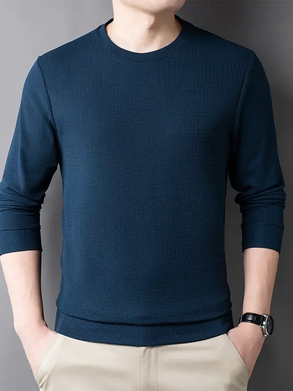 Men's Black Long Sleeve T-Shirt Round Neck Solid Color - Image 10