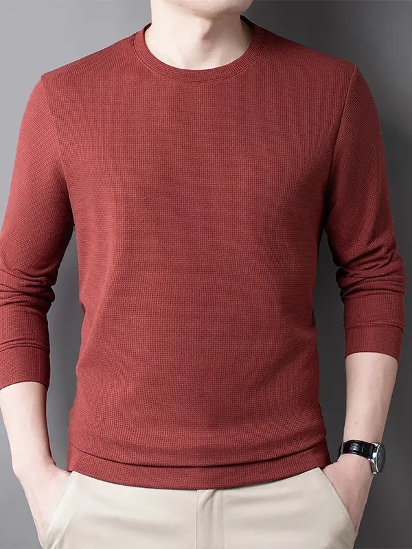Men's Black Long Sleeve T-Shirt Round Neck Solid Color - Image 11