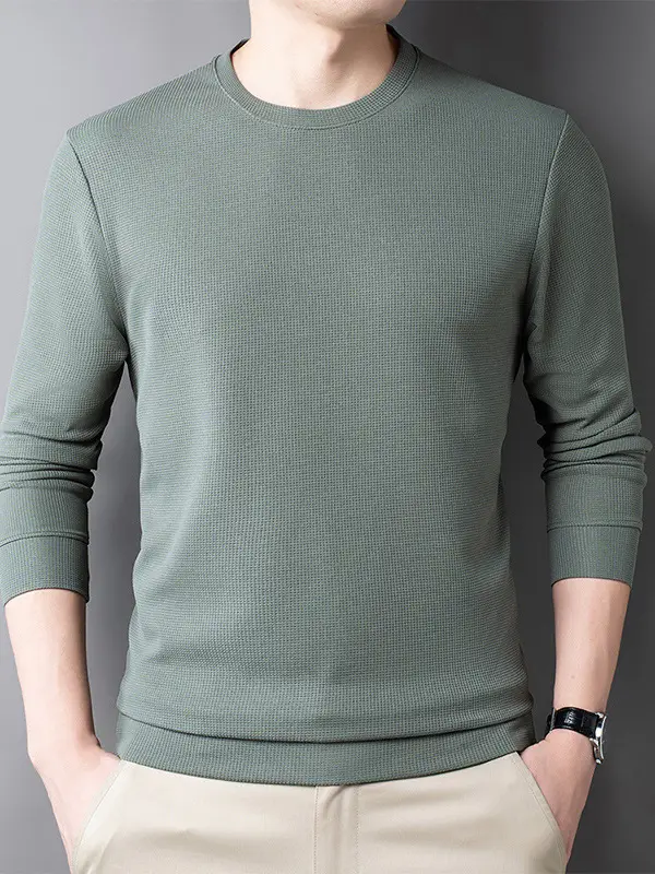 Men's Black Long Sleeve T-Shirt Round Neck Solid Color - Image 12