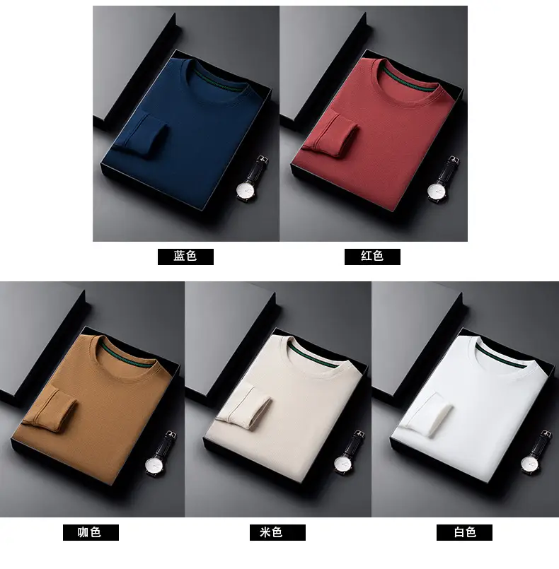 Men's Black Long Sleeve T-Shirt Round Neck Solid Color — feature 13