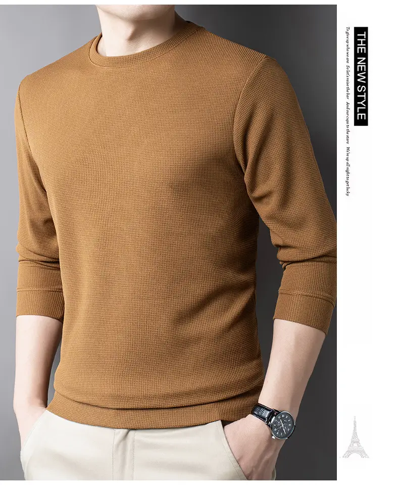 Men's Black Long Sleeve T-Shirt Round Neck Solid Color — feature 16