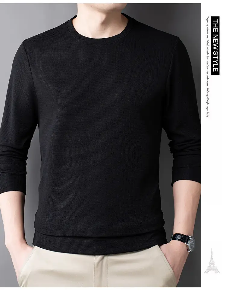 Men's Black Long Sleeve T-Shirt Round Neck Solid Color — feature 19