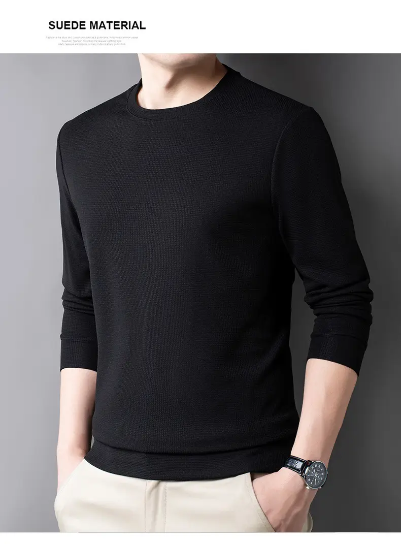 Men's Black Long Sleeve T-Shirt Round Neck Solid Color — feature 20