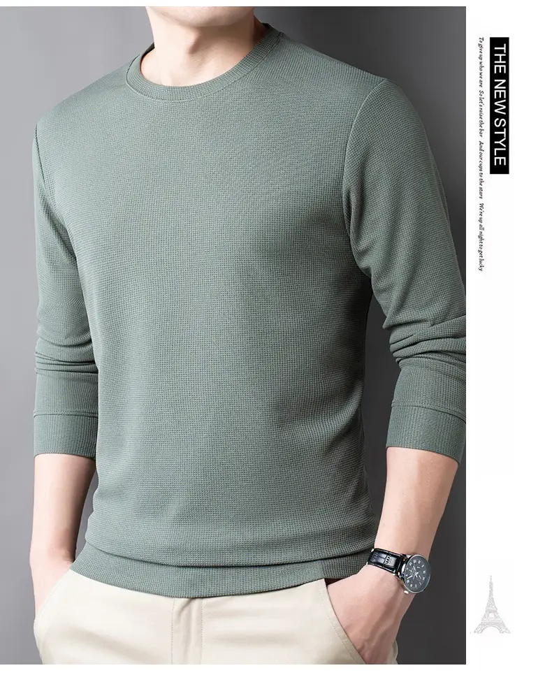 Men's Black Long Sleeve T-Shirt Round Neck Solid Color — feature 24