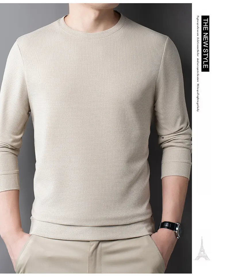 Men's Black Long Sleeve T-Shirt Round Neck Solid Color — feature 27