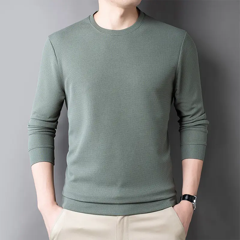 Men's Black Long Sleeve T-Shirt Round Neck Solid Color - Image 2
