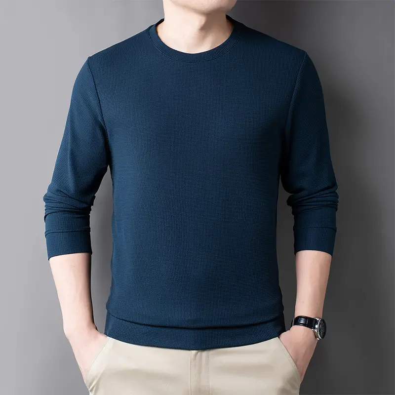 Men's Black Long Sleeve T-Shirt Round Neck Solid Color - Image 3
