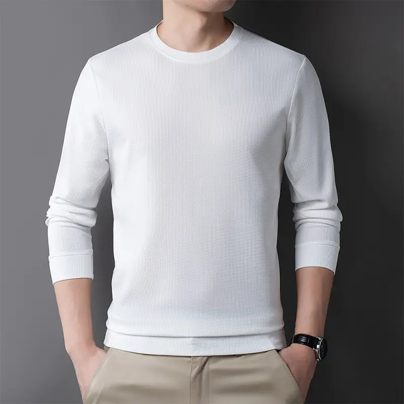 Men's Black Long Sleeve T-Shirt Round Neck Solid Color - Image 7