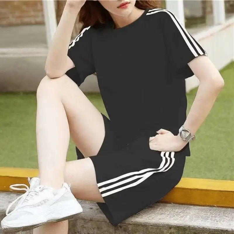 Women White Three-Bar Shorts T-Shirt Set Casual Sportswear - Image 2