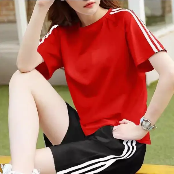 Women White Three-Bar Shorts T-Shirt Set Casual Sportswear - Image 4