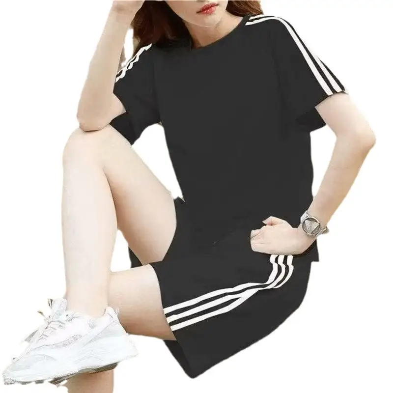 Women White Three-Bar Shorts T-Shirt Set Casual Sportswear - Image 5