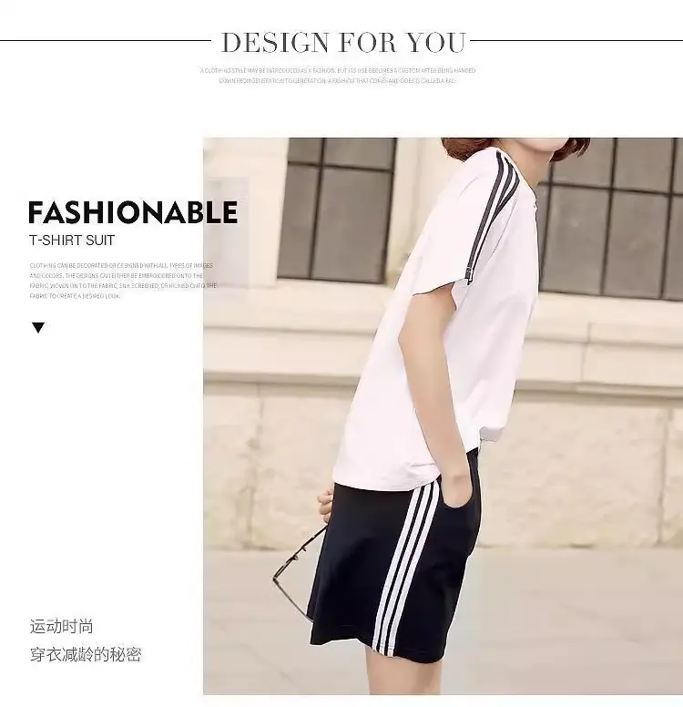 Women White Three-Bar Shorts T-Shirt Set Casual Sportswear — feature 23