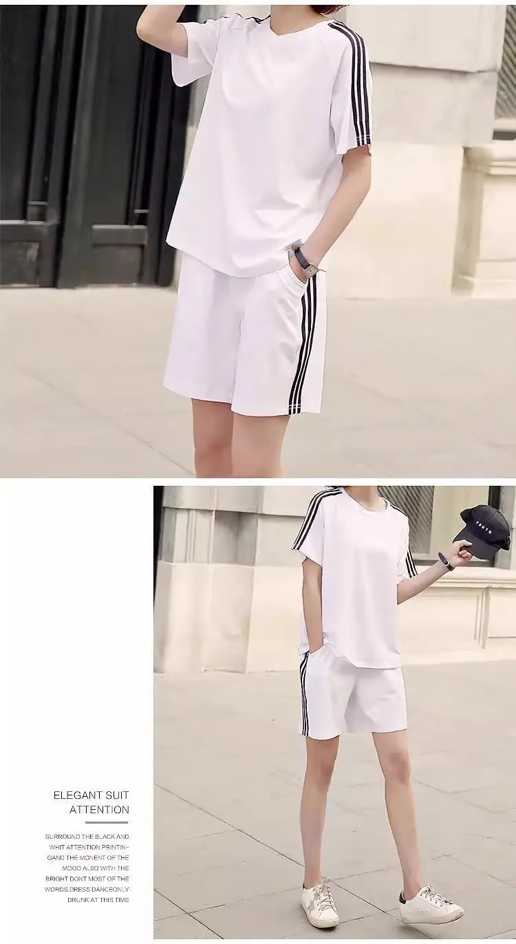 Women White Three-Bar Shorts T-Shirt Set Casual Sportswear — feature 26