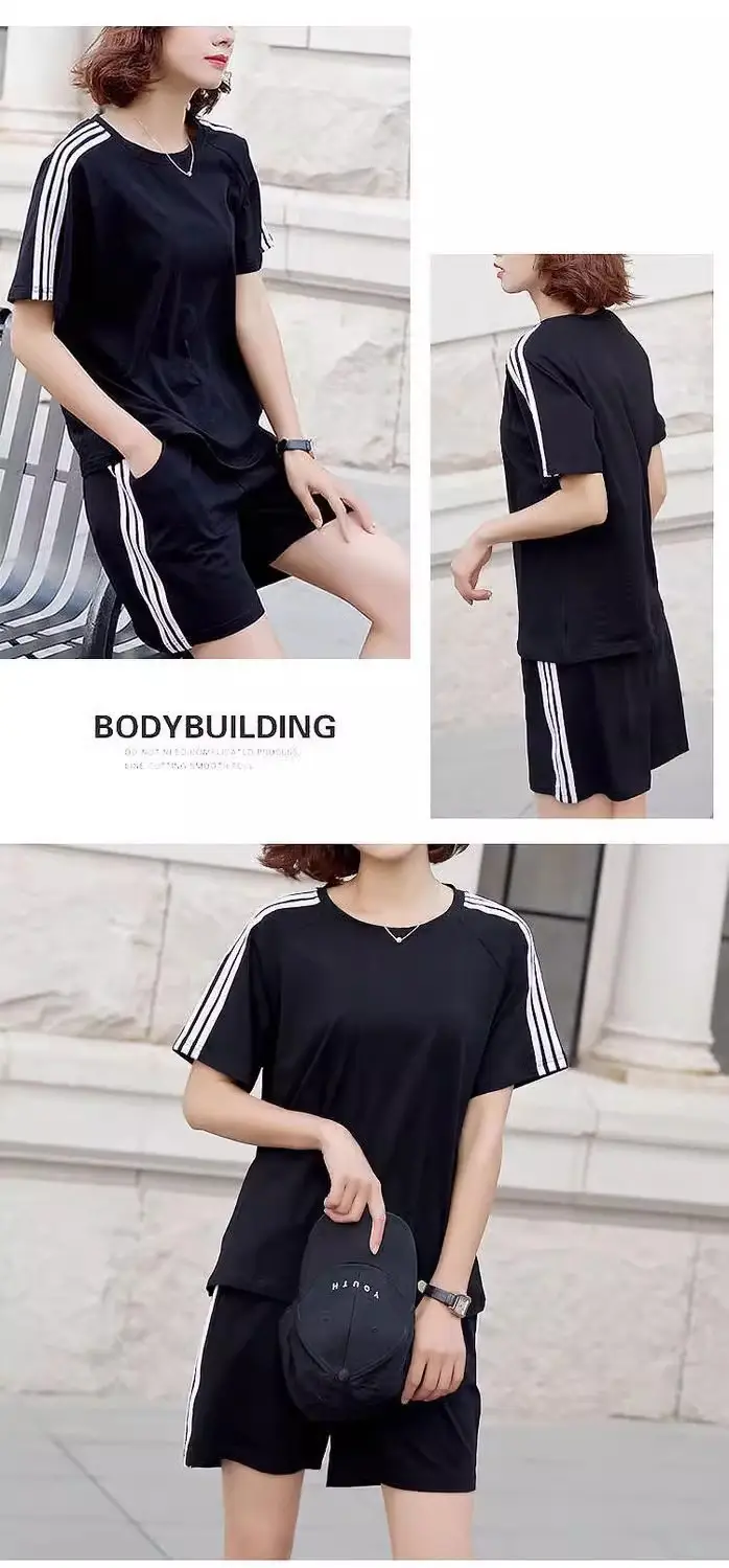 Women White Three-Bar Shorts T-Shirt Set Casual Sportswear — feature 28