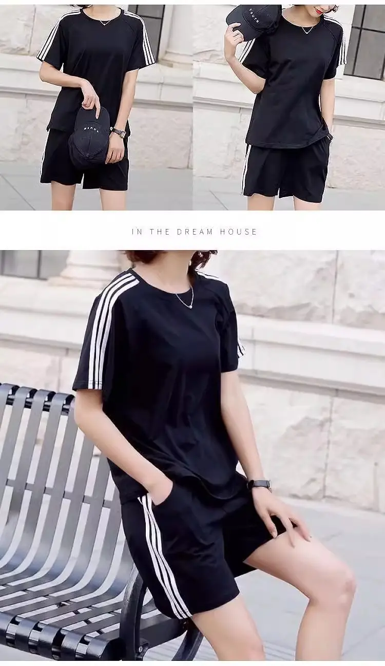 Women White Three-Bar Shorts T-Shirt Set Casual Sportswear — feature 29