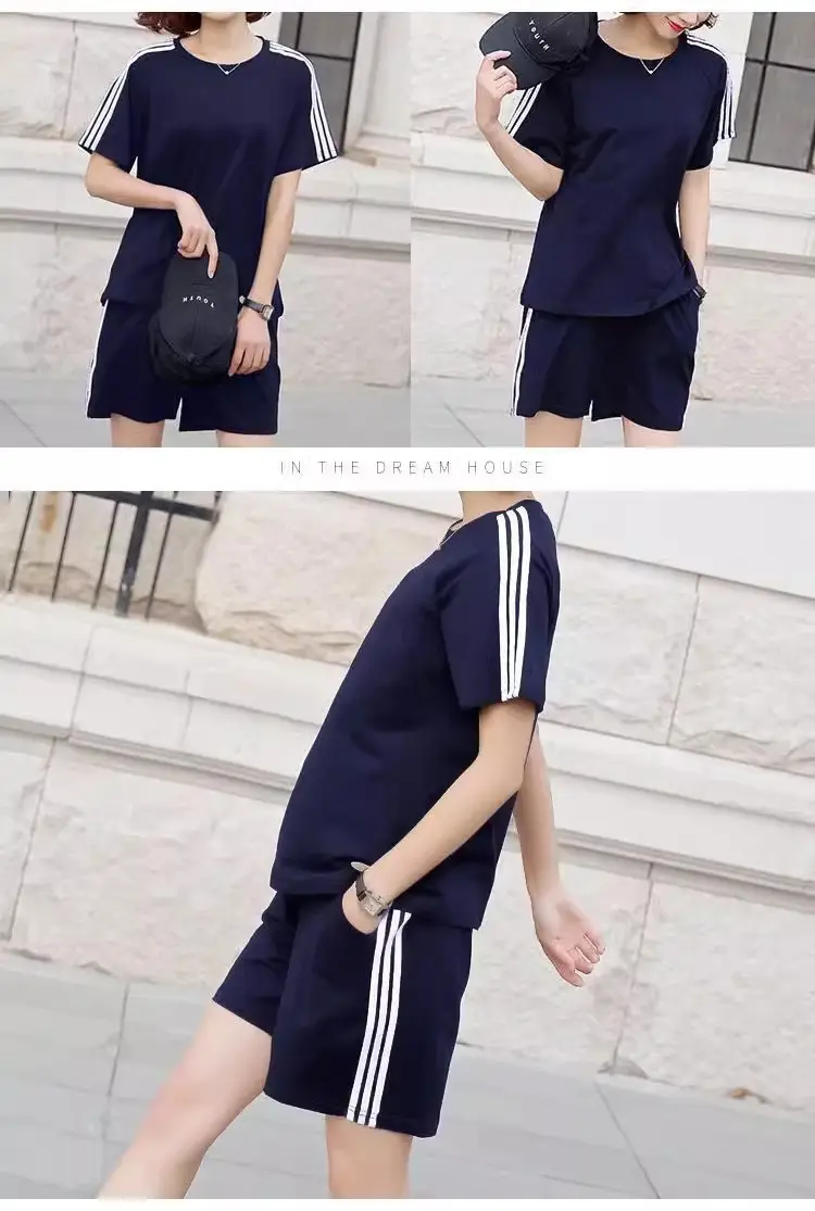 Women White Three-Bar Shorts T-Shirt Set Casual Sportswear — feature 32