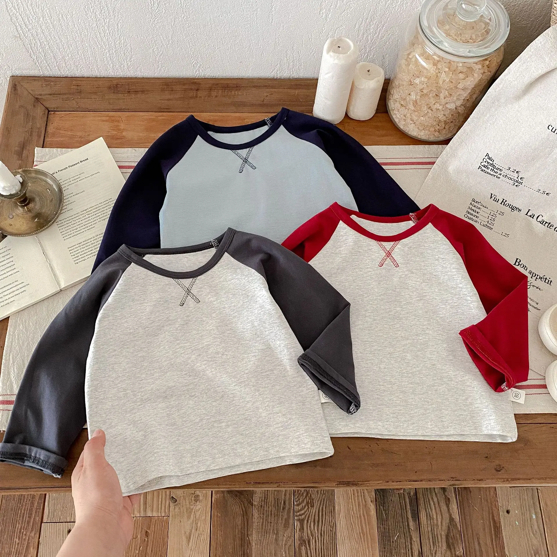 Boys Red White Raglan Sleeve T-Shirt Spring Autumn Korean Style - Image 5