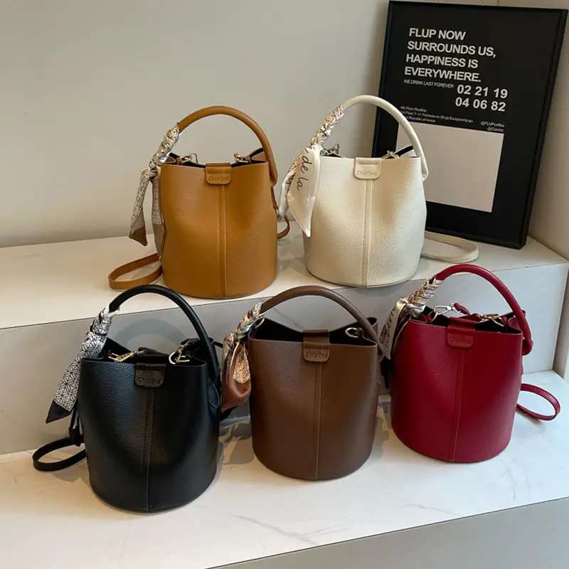 2024 Women's Black Leather Bucket Bag Set of 5 - Image 8