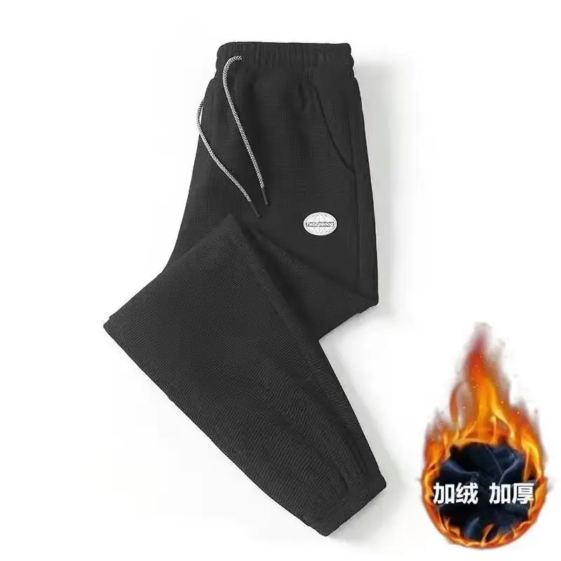 Men Fleece Leg-Tied Pants Gray Drawstring Loose Winter Warm - Image 5