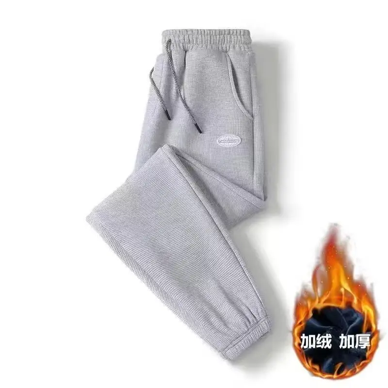 Men Fleece Leg-Tied Pants Gray Drawstring Loose Winter Warm - Image 6