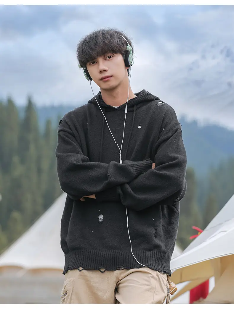 Black Velvet Hoodie with Asymmetrical Hole Design — feature 16