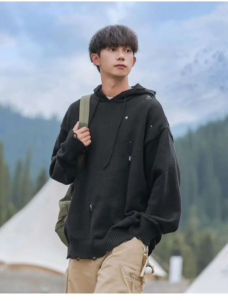 Black Velvet Hoodie with Asymmetrical Hole Design — feature 17
