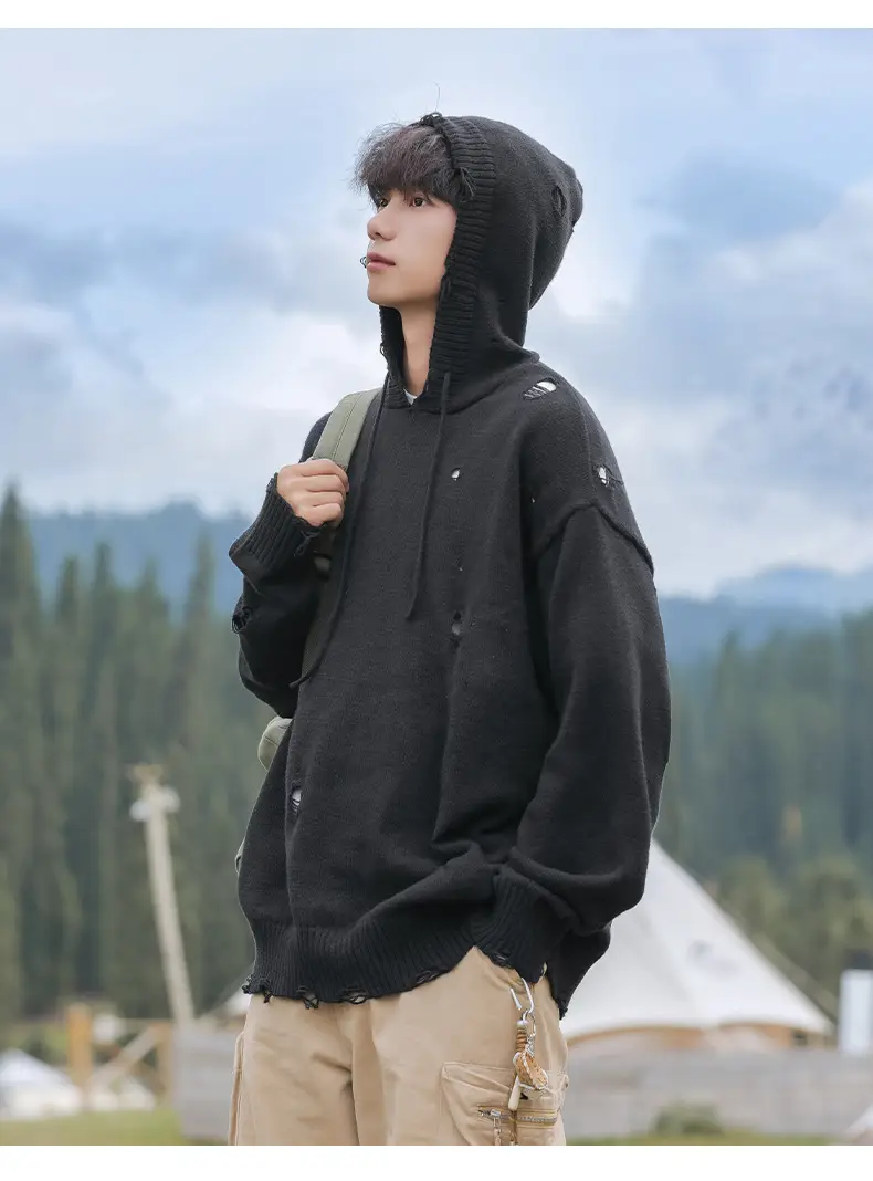Black Velvet Hoodie with Asymmetrical Hole Design — feature 18