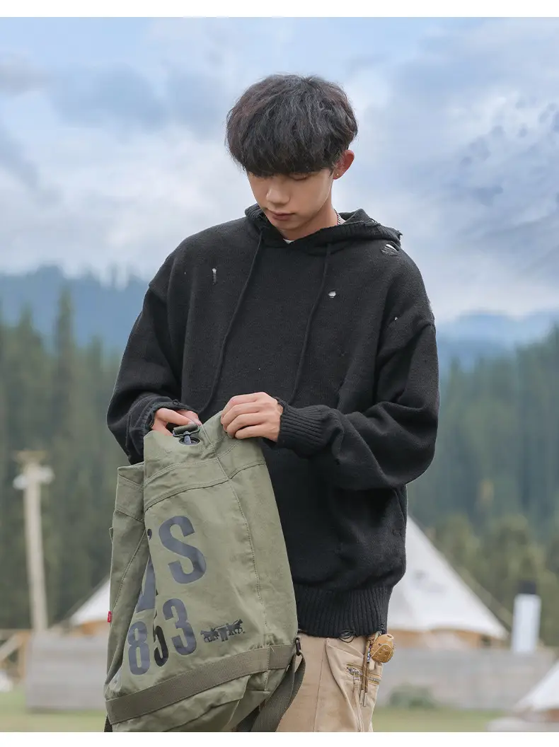 Black Velvet Hoodie with Asymmetrical Hole Design — feature 19