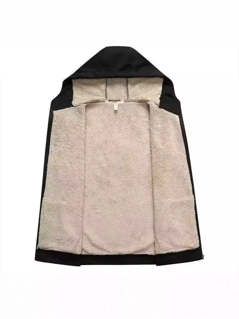 Men's Black Fleece Zipper Coat with Hood - Image 9
