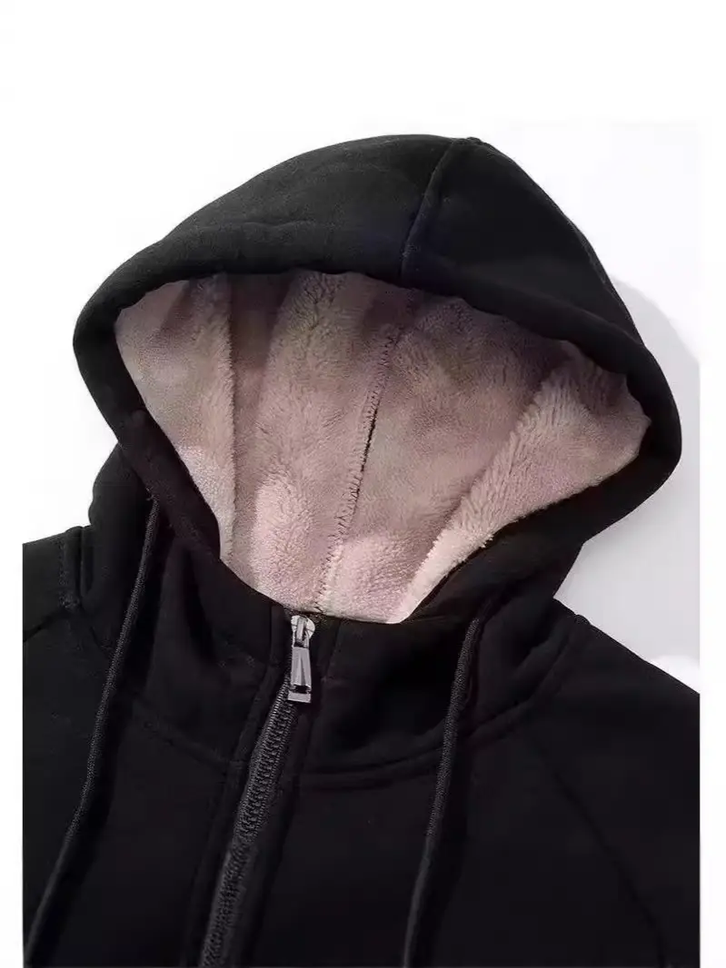 Men's Black Fleece Zipper Coat with Hood - Image 10
