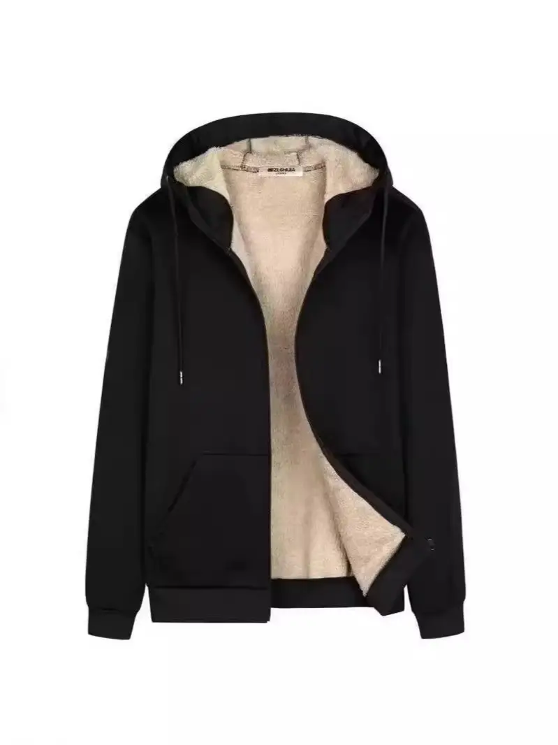 Men's Black Fleece Zipper Coat with Hood - Image 12