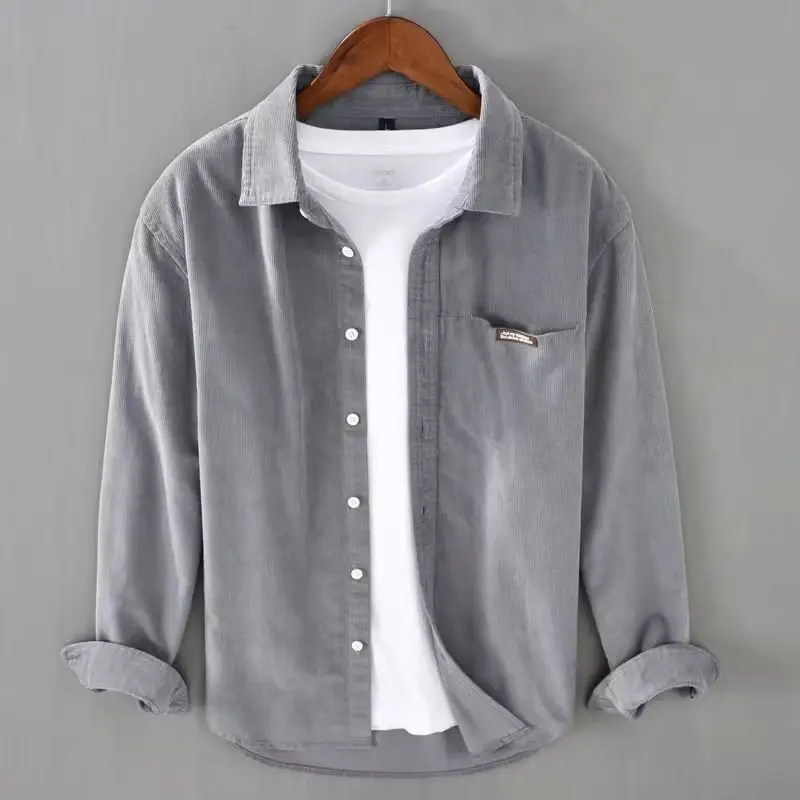 Japanese Style Long Sleeve Shirt Men's Beige Spring Autumn - Image 5