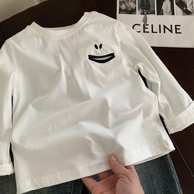 White Smiley Face Long Sleeve T-Shirt for Boys 2024 - Image 3