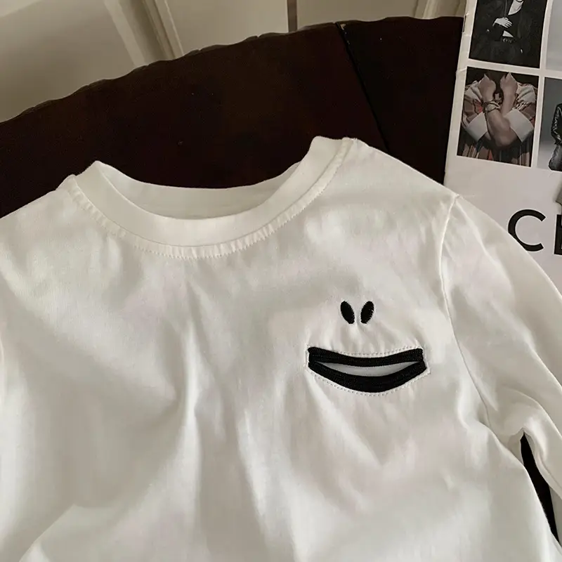 White Smiley Face Long Sleeve T-Shirt for Boys 2024 - Image 4
