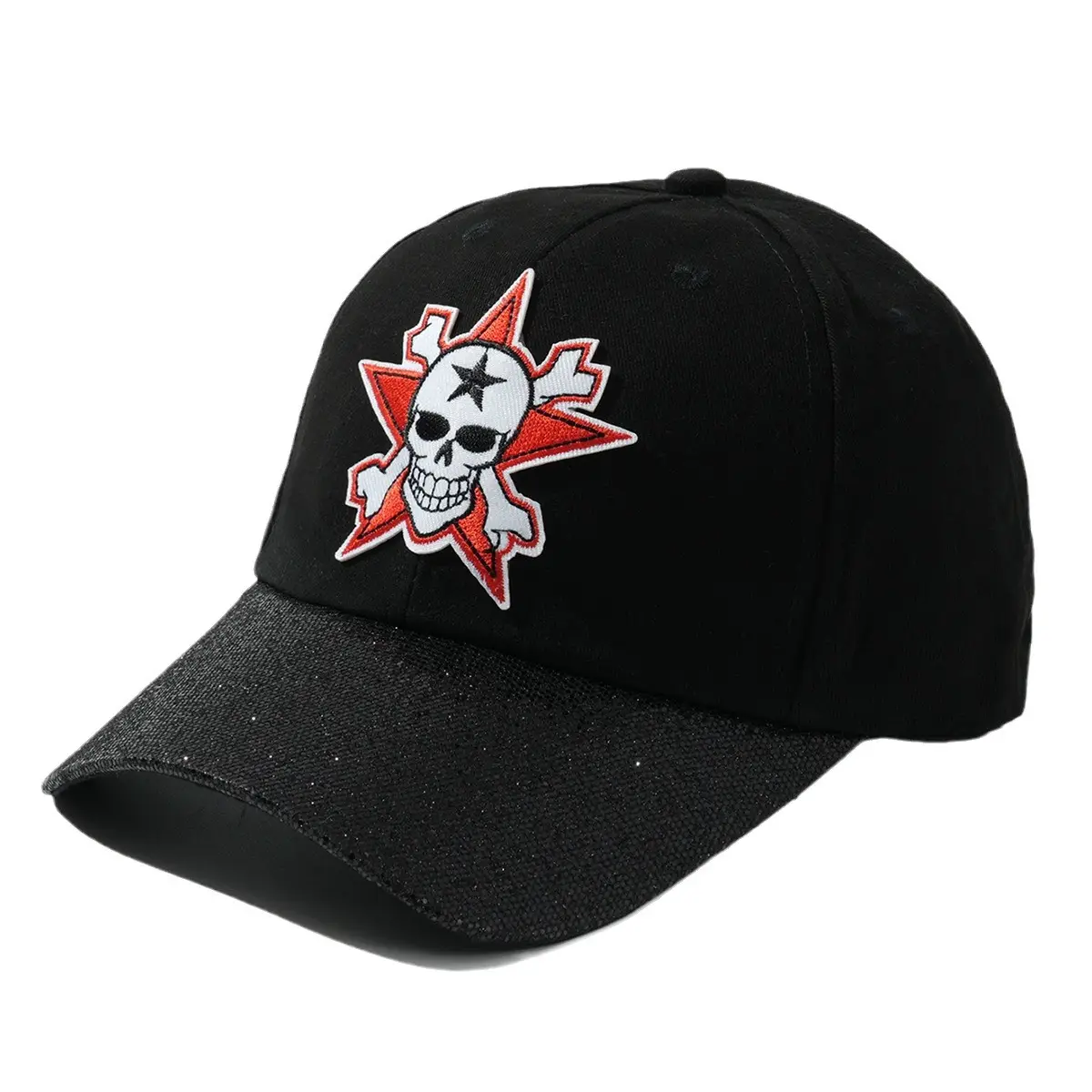 Black Embroidered Skull Rose Cap with Star Design - Image 10