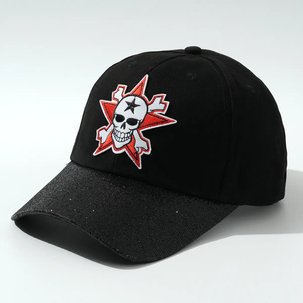 Black Embroidered Skull Rose Cap with Star Design — feature 5