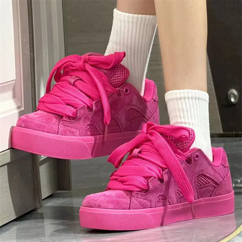 Retro Rose Red Suede Sneakers Women Low Top Casual