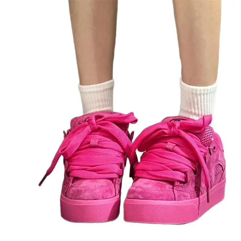 Retro Rose Red Suede Sneakers Women Low Top Casual