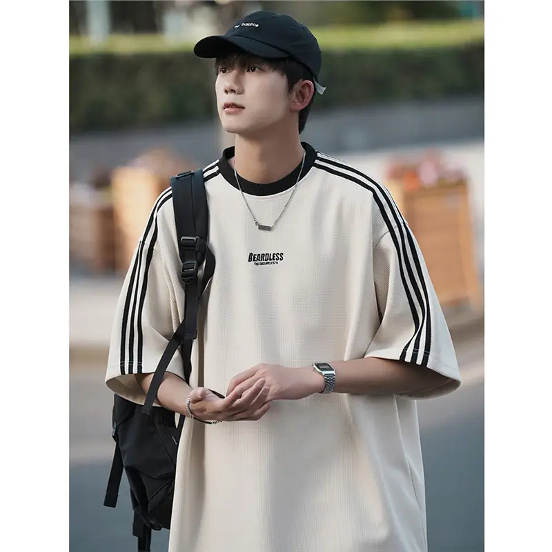 Men Striped White T-Shirt Summer Wear American Retro - Image 5