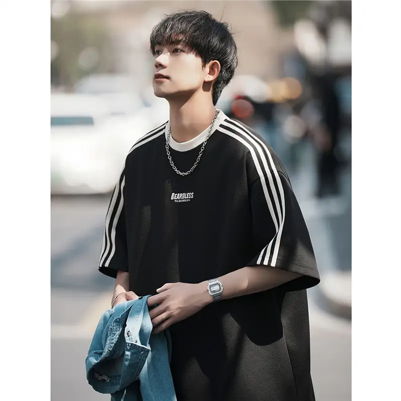 Men Striped White T-Shirt Summer Wear American Retro - Image 8