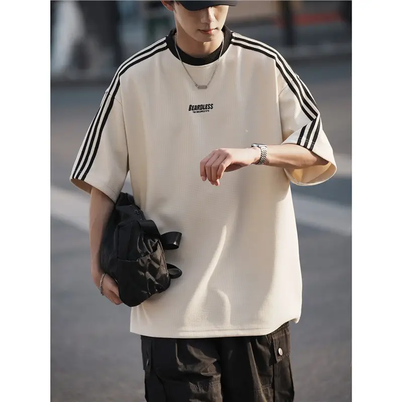 Men Striped White T-Shirt Summer Wear American Retro - Image 3