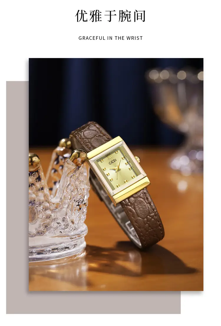 Gold Vintage Square Plate Women's Pebble Strap Quartz Watch — feature 2
