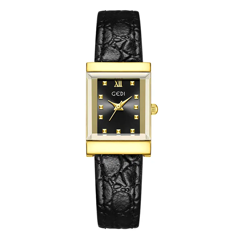 Gold Vintage Square Plate Women's Pebble Strap Quartz Watch - Image 4