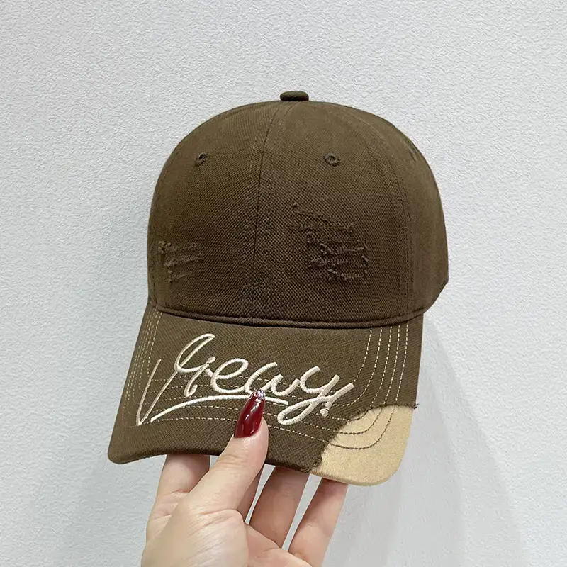 Women's Korean Style Embroidered Baseball Cap Beige Brown - Image 5