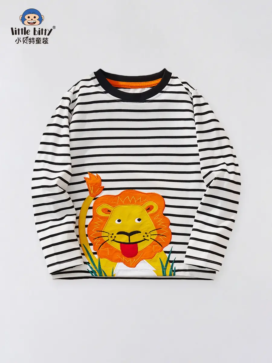 Long Sleeve Kids T-Shirt Lion Embroidery Striped White Black - Image 3