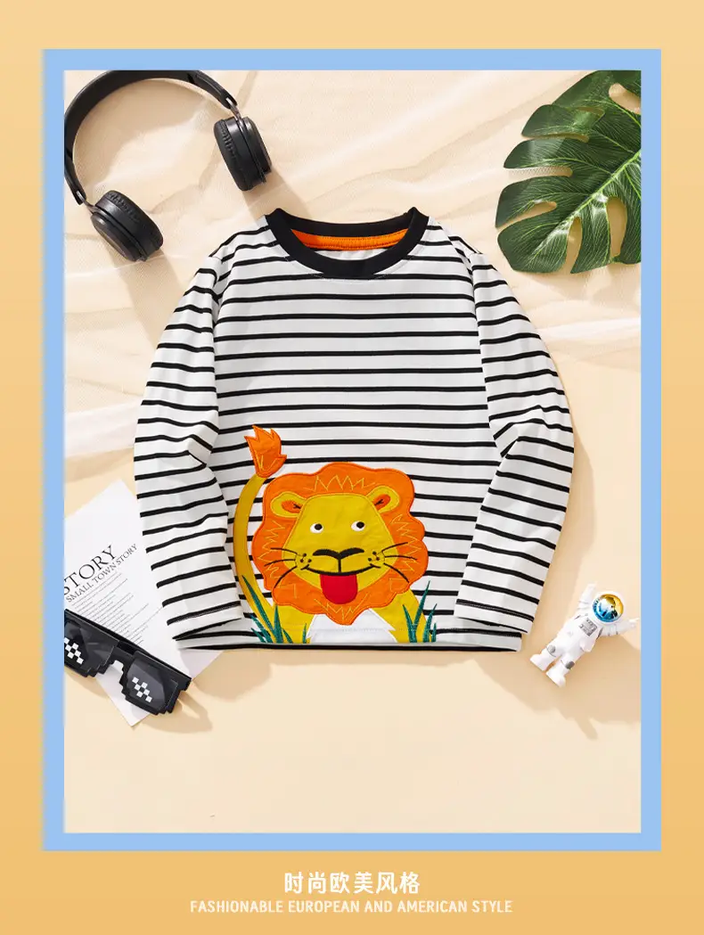 Long Sleeve Kids T-Shirt Lion Embroidery Striped White Black — feature 3