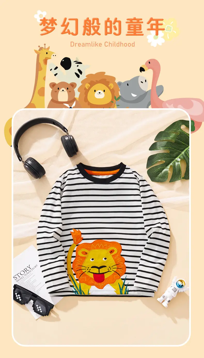 Long Sleeve Kids T-Shirt Lion Embroidery Striped White Black — feature 7