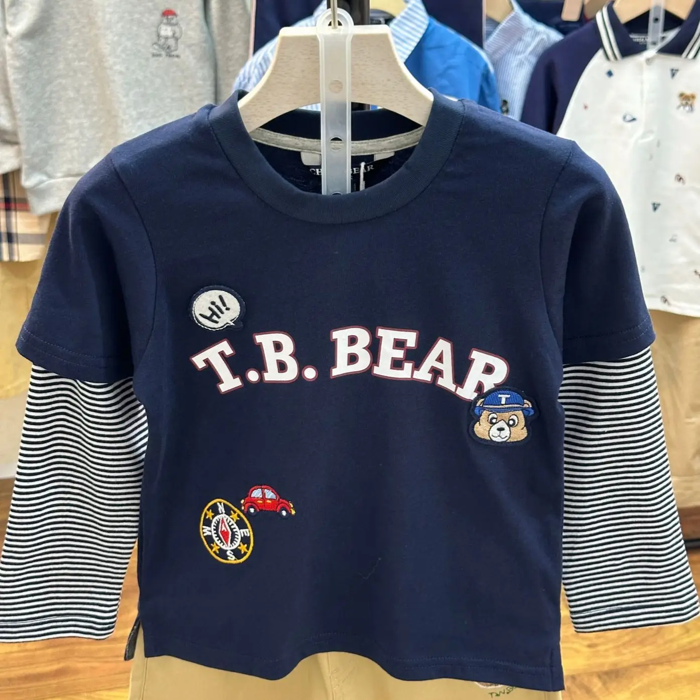 New Spring Boys T-Shirt Navy Blue T-Bear Embroidered Large - Image 3