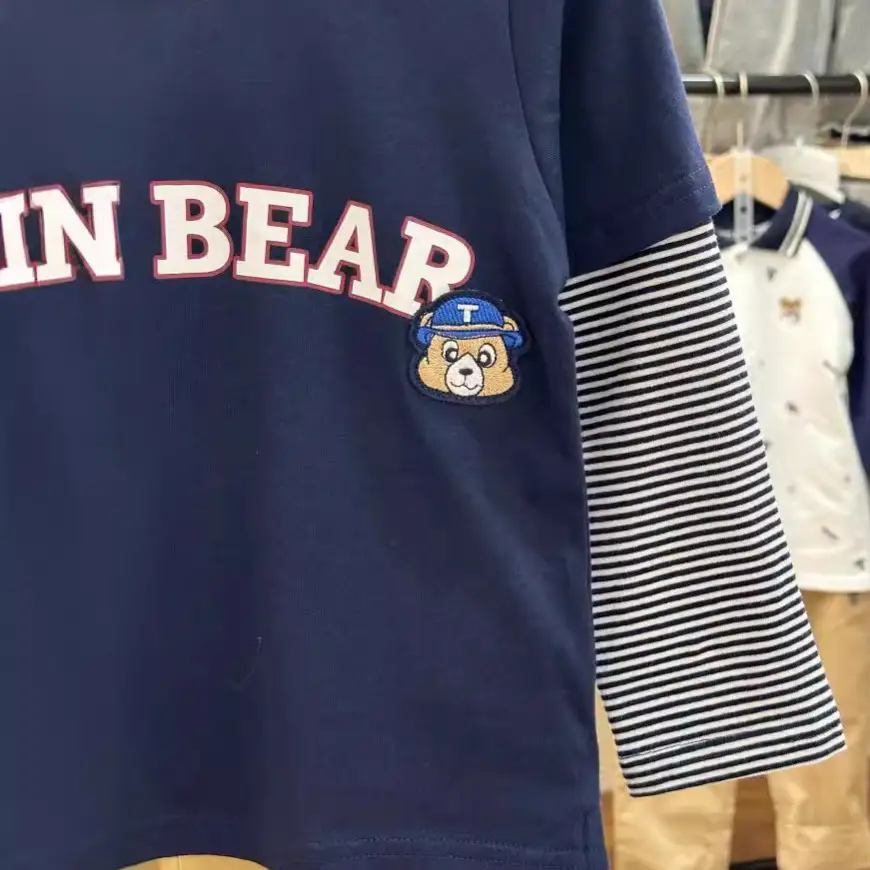 New Spring Boys T-Shirt Navy Blue T-Bear Embroidered Large - Image 4